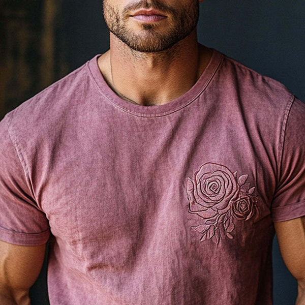Men's Retro Washed Rose Embroidered Short Sleeve T-Shirt