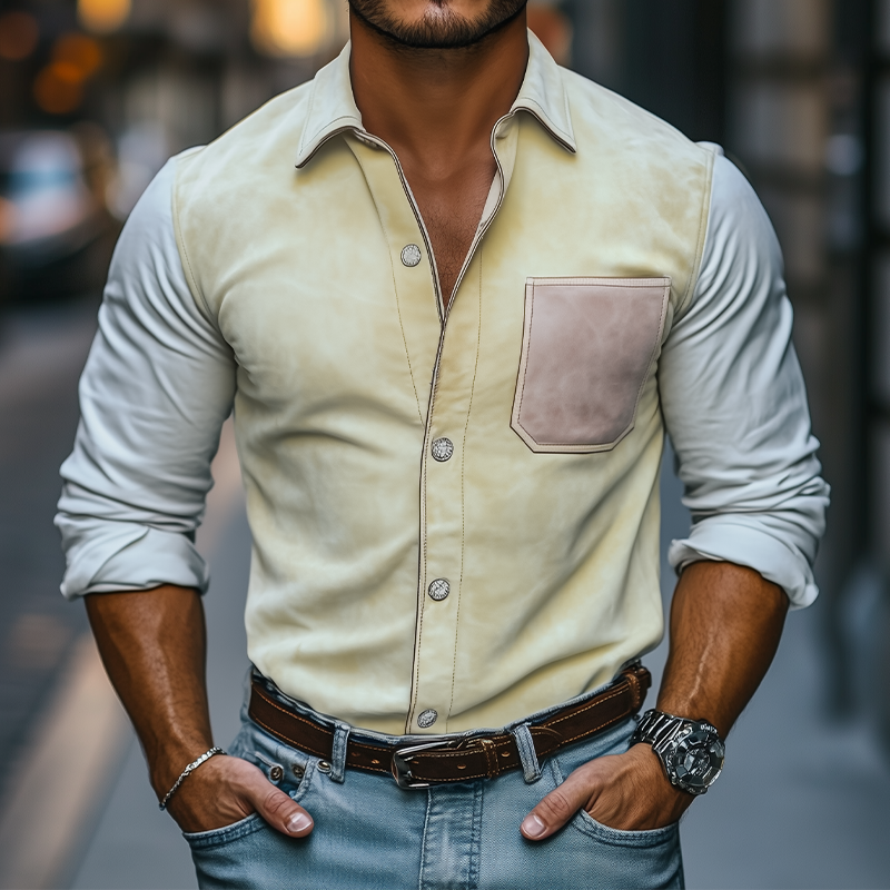 Herren Frühlingsmode Lässiges Slim Wildleder Splicing Langarmhemd