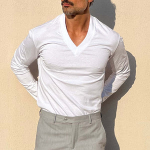 Herren-T-Shirt mit V-Ausschnitt und langen Ärmeln in Volltonfarbe