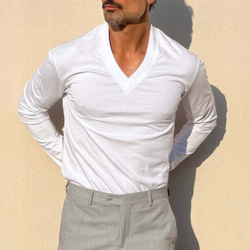 Men's Solid Color Blend V-Neck Long Sleeve T-Shirt