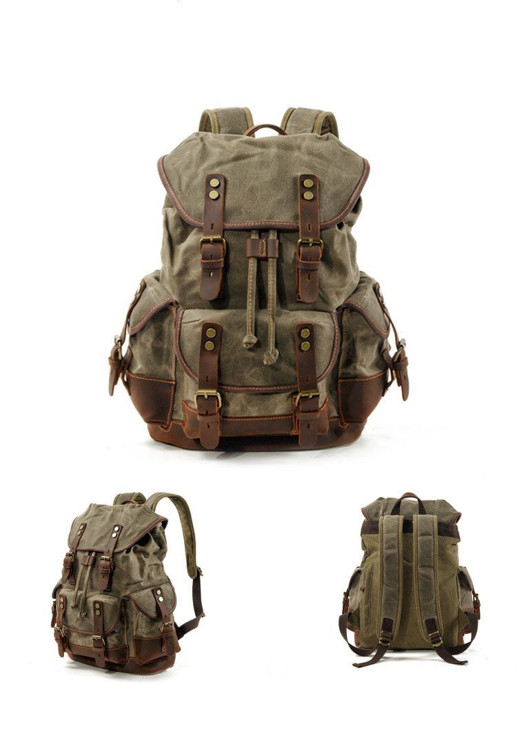 Men's Vintage Outdoor Canvas Stitching Leather Multi-Pocket Backpack