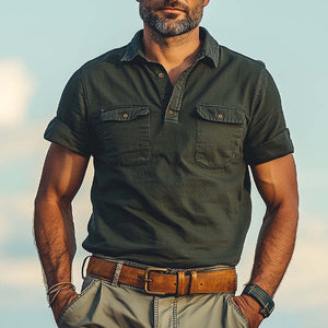 Men's Summer Distressed Polo Collar Double Pocket Casual T-Shirt