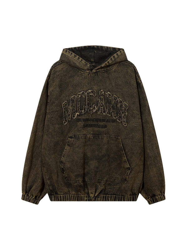 Washed Distressed Letter Embroidered Denim Hoodie