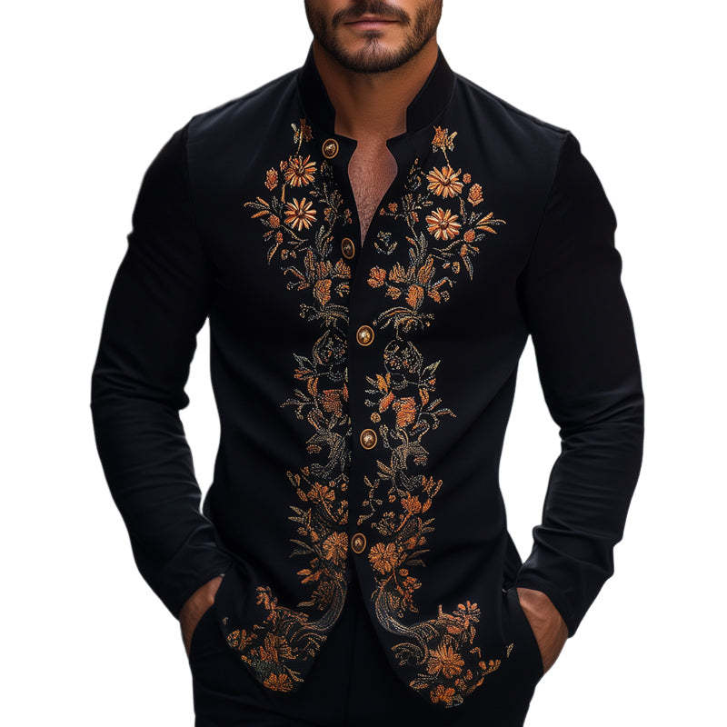 Herren Frühling und Herbst Retro Besticktes Stehkragen Langarmhemd