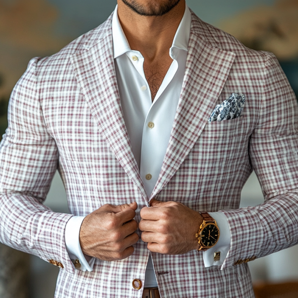 Herrenmode Frühling Sommer Karierter Blazer mit Revers und zwei Knöpfen