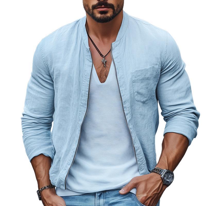 Men's Fashion Solid Cotton And Linen Stand Collar Chest Pocket Zipper Jacket