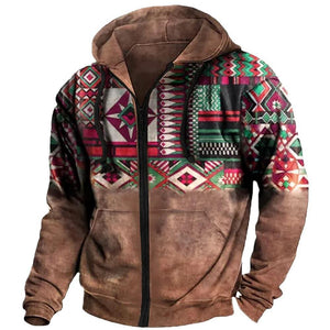 Herren-Hoodie mit Reißverschluss im Retro-Stil, lässig, Ethno-Stil, geometrischer Aufdruck
