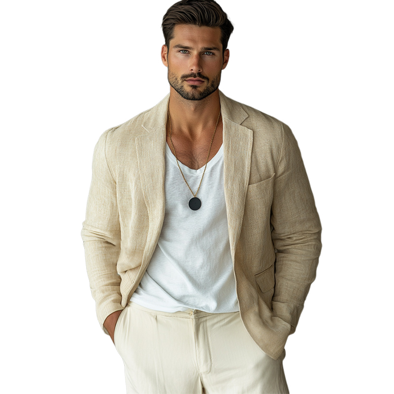 Lässiger Herrenblazer aus Baumwolle und Leinen mit Revers in Apricot