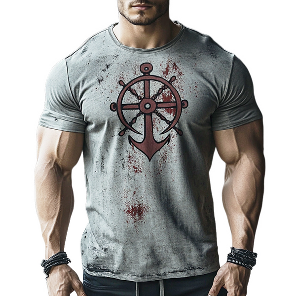 Men's Retro Nautical Anchor Print Casual Round Neck Short Sleeve T-Shirt