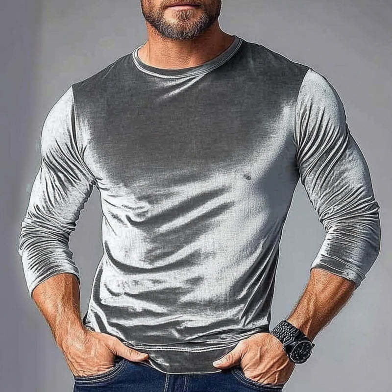 Herren Vintage Samt Langarm T-Shirt mit Rundhalsausschnitt