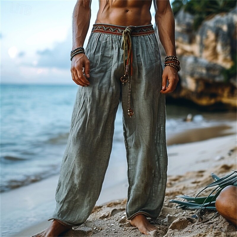 Men's Linen Pants Trousers Summer Pants Beach Pants Patchwork Drawstring Woven Plain Comfort Breathable Full Length Casual Daily Holiday Vacation Fashion Green