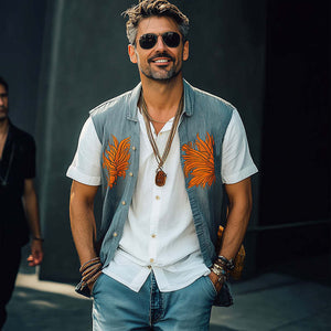 Men's Summer Washed Denim Colorblock Embroidered Vest