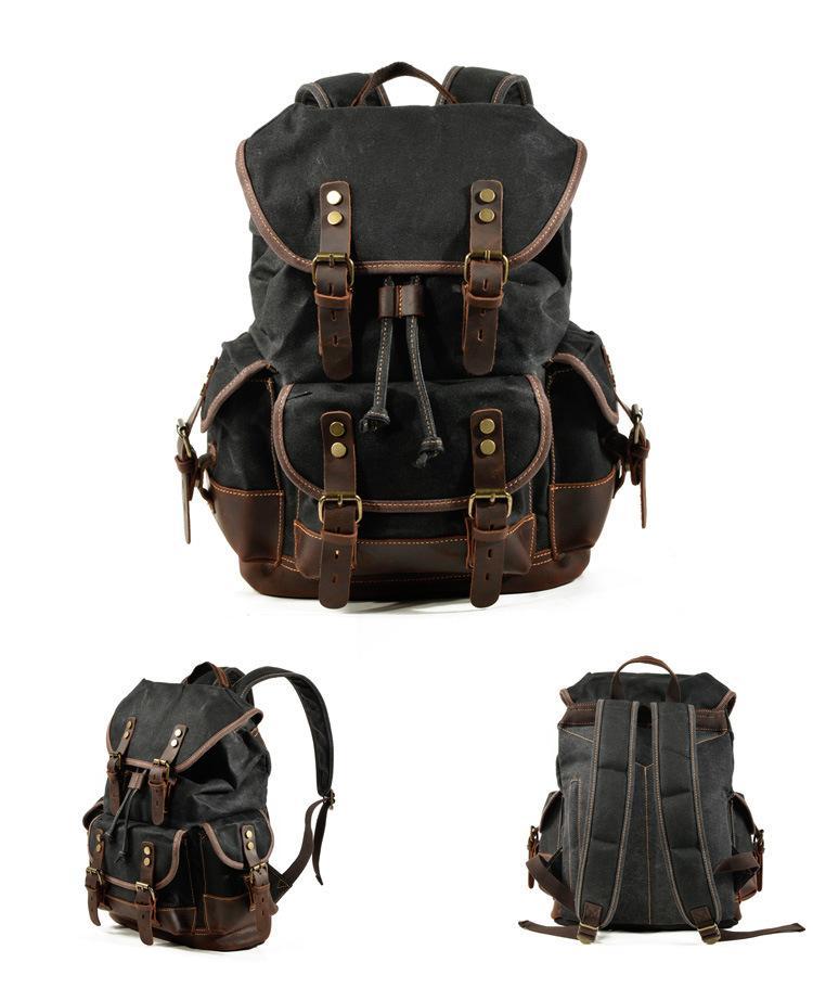 Men's Vintage Outdoor Canvas Stitching Leather Multi-Pocket Backpack