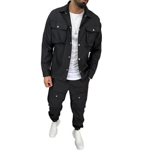 Men's Solid Color Lapel Single Breasted Jacket Trousers Cargo Set