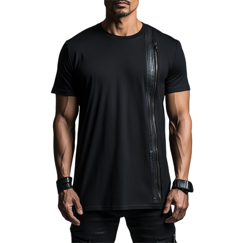 Lässiges Herren-T-Shirt aus Baumwolle und Leder mit Reißverschluss und kurzen Ärmeln