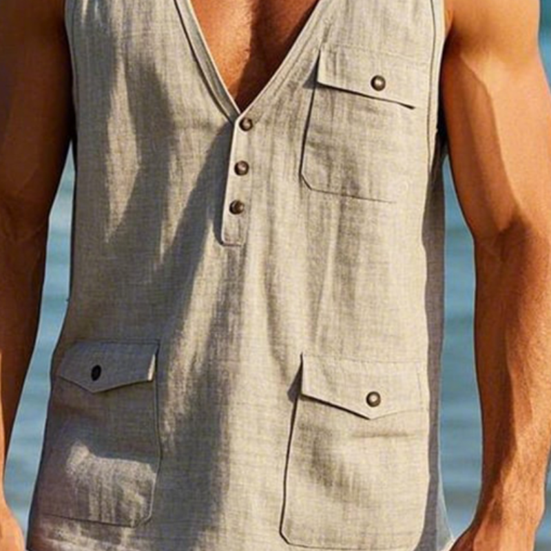 Herren-Tanktop aus Leinen im Vintage-Stil mit mehreren Taschen und V-Ausschnitt