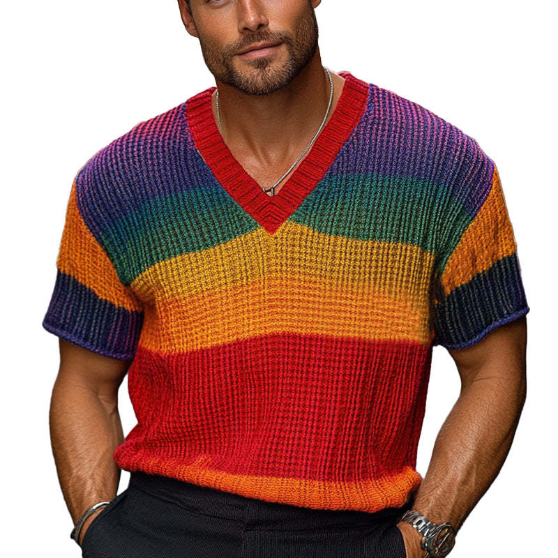 Men's Rainbow Stripe Knitted Short Sleeve Sweater T-Shirt