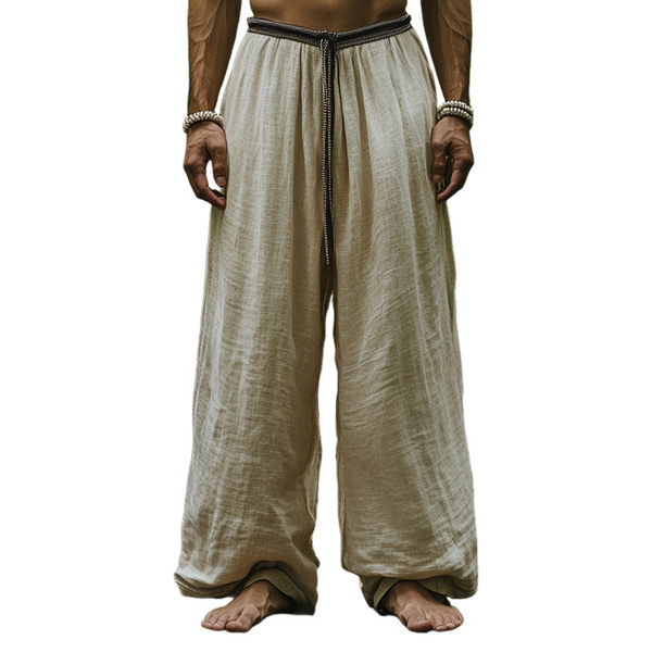 Men's Straight Loose Cotton And Linen Vintage Belt Casual Pants 02939758U