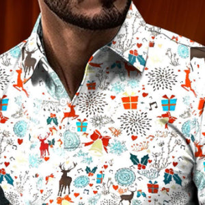 Men's Retro Casual Christmas Floral Print Long Sleeve Polo Shirt
