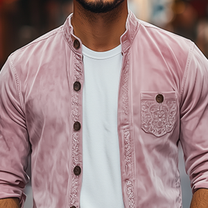 Men's Spring Fashion Casual Stand Collar Embroidered Suede Long Sleeve Shirt