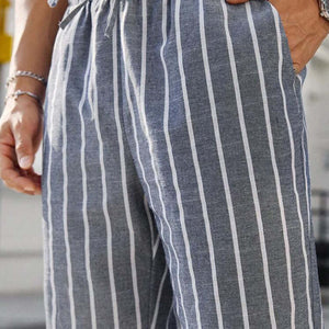 Men's Casual Cotton And Linen Striped Elastic Beach Pants
