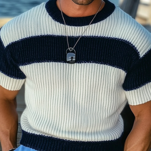 Men's Casual Contrast Color Round Neck Slim Fit Knitted Short Sleeve Sweater T-Shirt