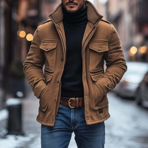 Herren Vintage Wildleder Fleece Kragen Patchwork Multi-Pocket Reißverschluss Mantel