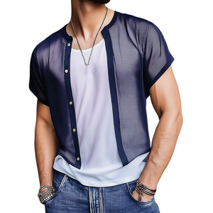 Herren Retro Casual Mesh Cropped Button Kurzarmhemd