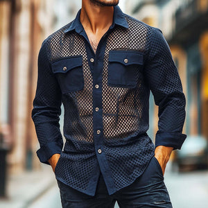 Herren Retro Casual Solid Color Mesh Stoff Splicing Revers Langarmhemd
