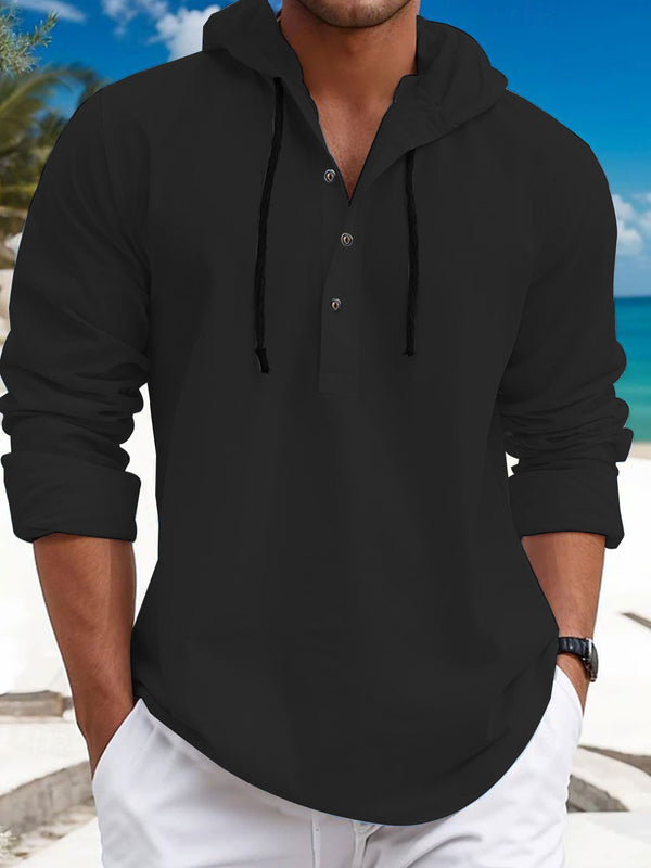 MEN'S PEARL COTTON LONG SLEEVED HOODED SOLID COLOR HOODIE WITH HALF OPEN COLLAR AND DRAWSTRING