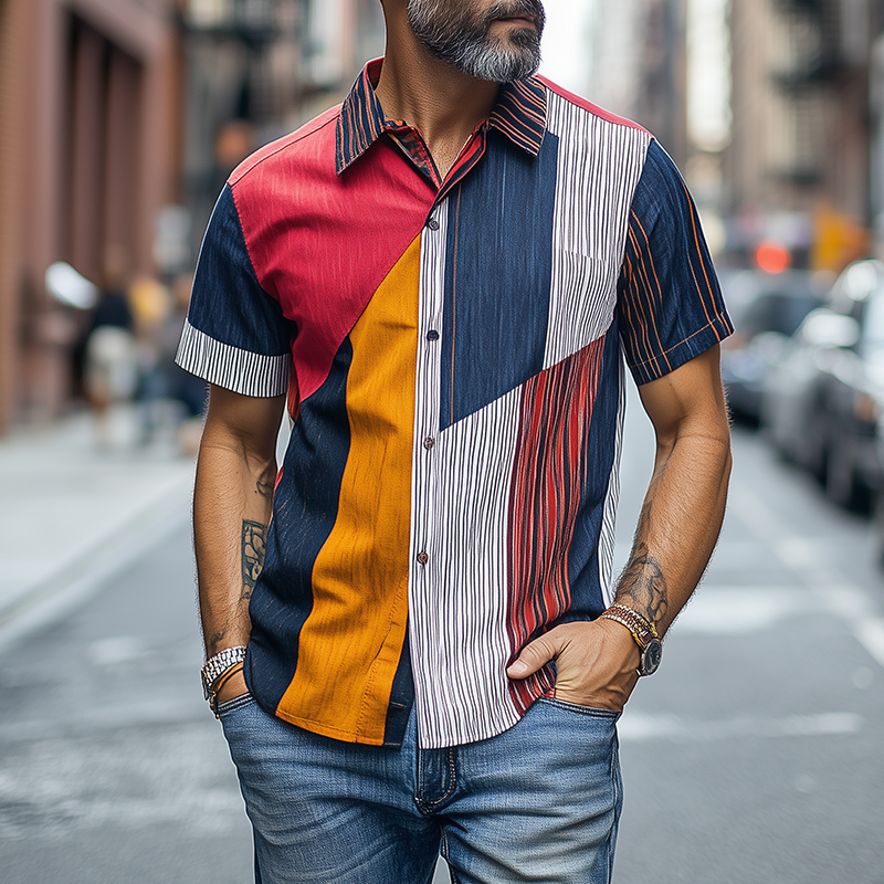 Men's Retro Fashion Casual Striped Contrast Chiffon Short Sleeve Shirt