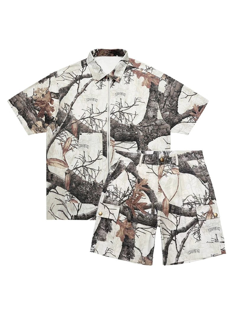 Retro Branches & Fallen Leaves Print Workwear Set