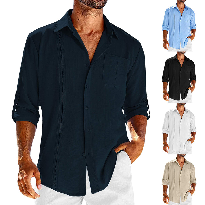 MEN'S COTTON AND LINEN LACE CASUAL WRIST POCKET CASUAL SHIRT