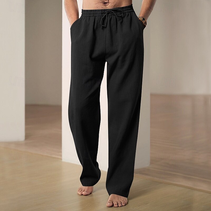 Men's Linen Pants Trousers Summer Pants Gauze Pants Drawstring Elastic Waist Straight Leg Plain Comfort Breathable Full Length Home Casual Daily Sports Classic Style Black White