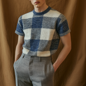 Men's Casual Plaid Round Neck Slim Fit Knitted Short Sleeve Sweater T-Shirt