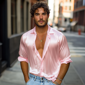 Herren Frühlingsmode Lässiges Satin-Langarmhemd mit glänzenden Ärmeln