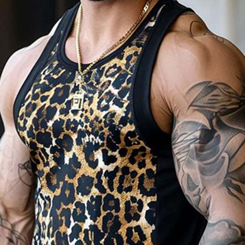 Men's Casual Round Neck Leopard Print Patchwork Tank Top