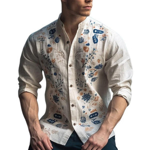 Men's Casual Floral Print Crew Neck Long Sleeve Shirt