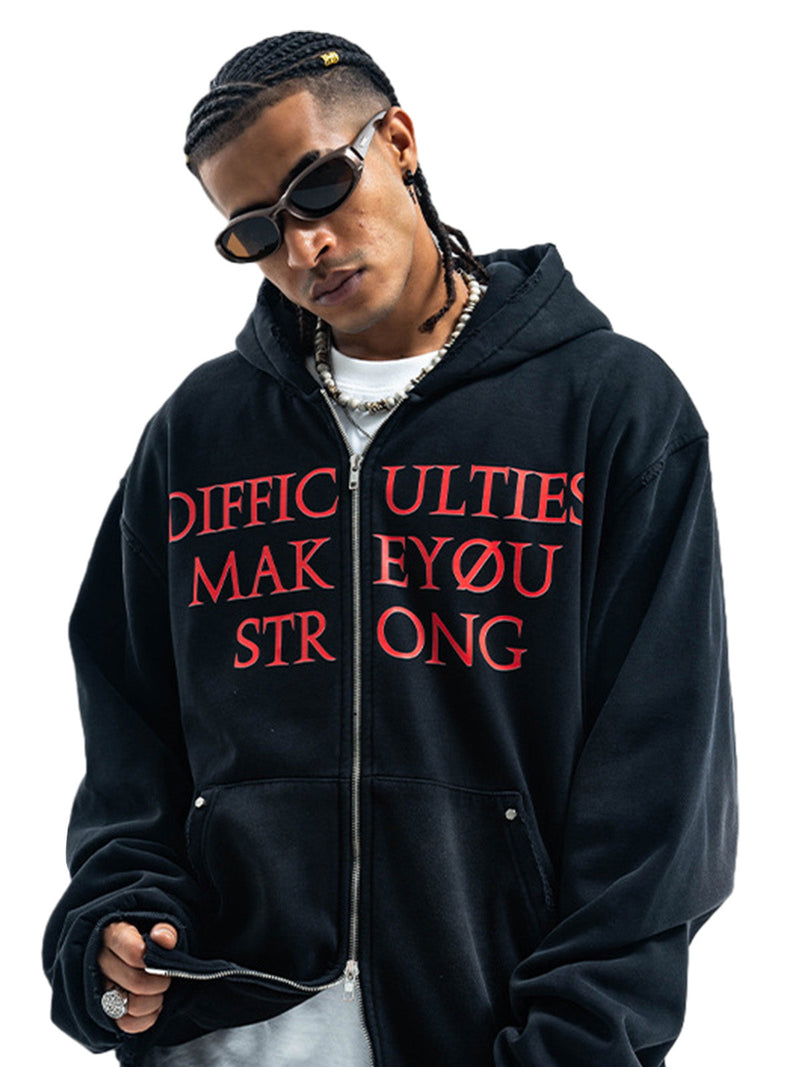 Washed Letter Print Double Zipper Fleece Hoodie