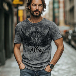 Men's Dark Gray Vintage Printed Round Neck Casual T-Shirt