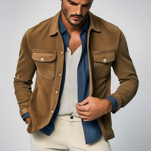 Herren Frühling und Herbst Basic Braun Wildleder Langarmhemd