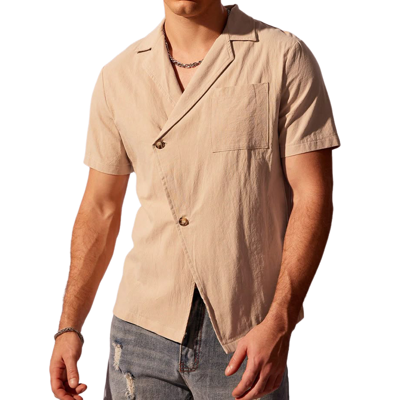 Herren Frühlingsmode Lässiges Slant Pracket Slim Fit Leinen Kurzarmhemd