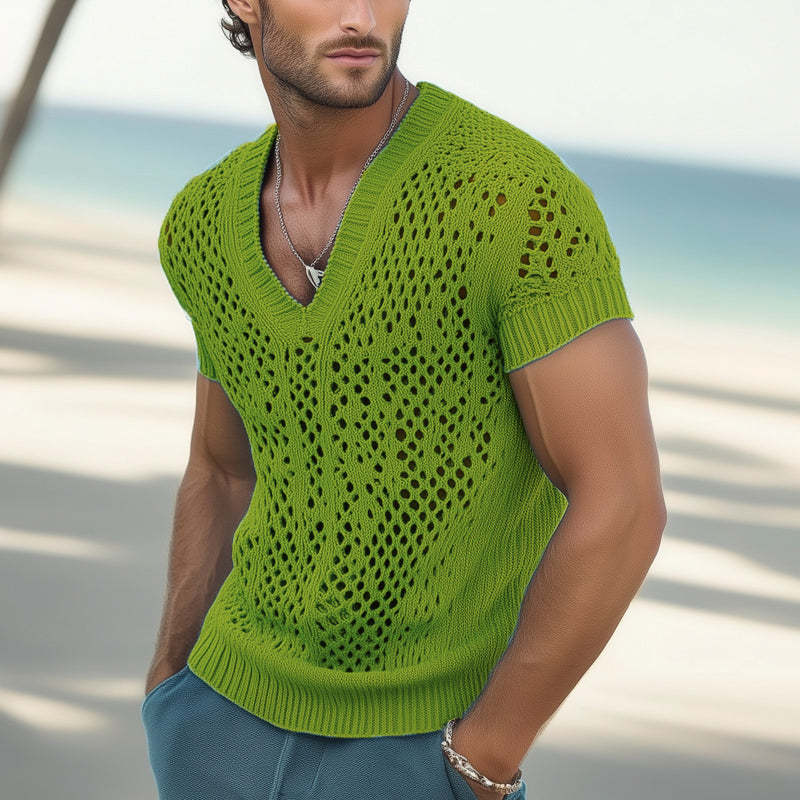 Sommermode für Herren, V-Ausschnitt, gestricktes Mesh, atmungsaktives T-Shirt