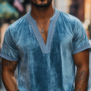 Men's Spring Fashion Deep V-neck Lace Stitching Velvet Short Sleeve T-shirt