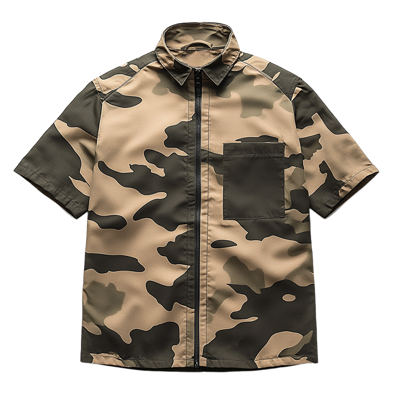 Men's Retro Casual Camouflage Print Lapel Zipper Short Sleeve Shirt