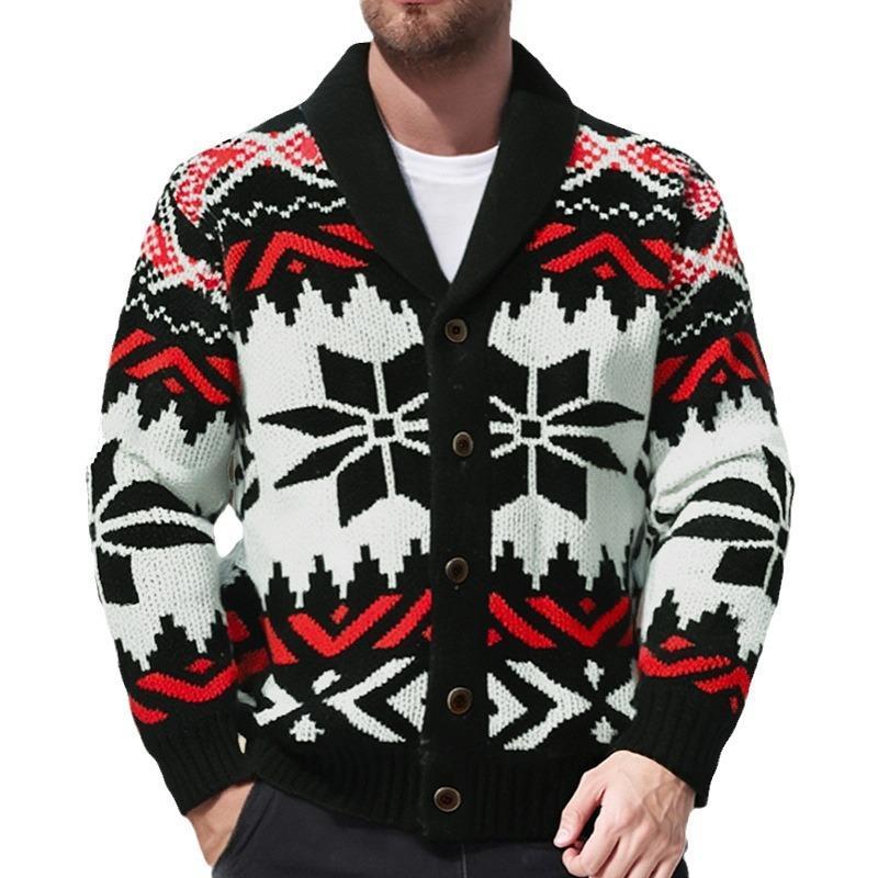 Herren-Strickjacke mit einreihigem Vintage-Weihnachts-Jacquard-Revers