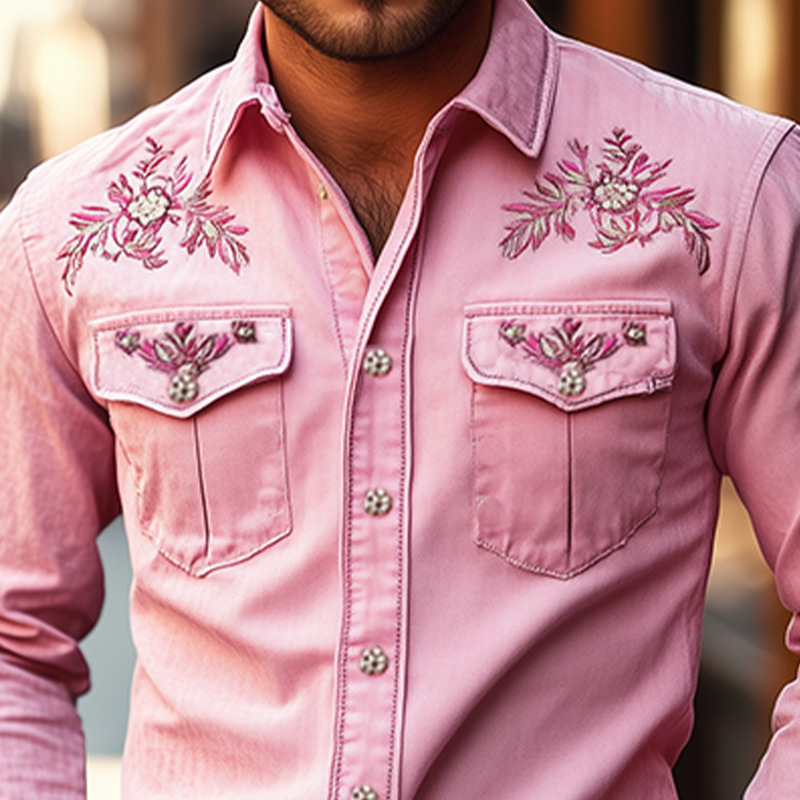 Men's American Retro Western Style Embroidered Long Sleeve Shirt