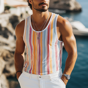 Men's Summer Fashion Casual Contrast Vertical Stripes Printed Tank Top