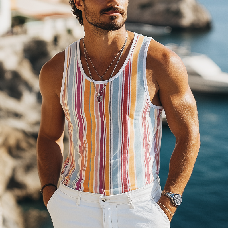 Herren Sommermode Lässiges Tanktop mit Kontrast-Vertikalstreifen