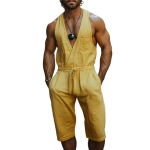 Herren Frühlings- und Sommermode Lässiger tiefer V-Ausschnitt Tanktop aus Baumwolle und Leinen Länge bis zum Knie Shorts Jumpsuit